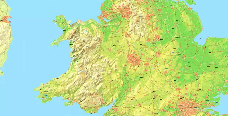 Printable Map UK + Full Ireland, exact vector relief road map, full editable, Layered Adobe Illustrator