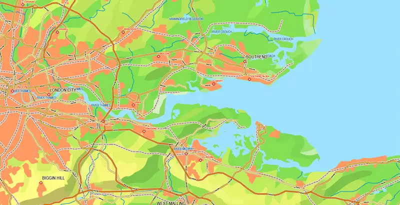 Printable Map UK + Full Ireland, exact vector relief road map, full editable, Layered Adobe Illustrator