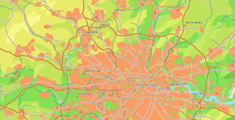 Printable Map UK + Full Ireland, exact vector relief road map, full editable, Layered Adobe Illustrator