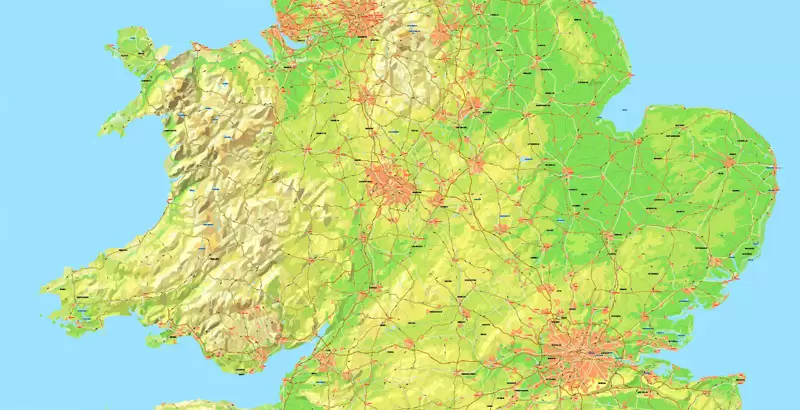 Printable Map UK + Full Ireland, exact vector relief road map, full editable, Layered Adobe Illustrator