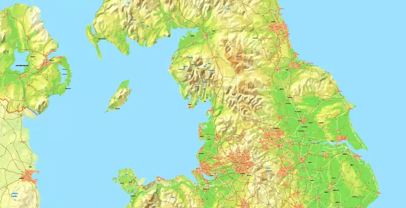 Printable Map UK + Full Ireland, exact vector relief road map, full editable, Layered Adobe Illustrator