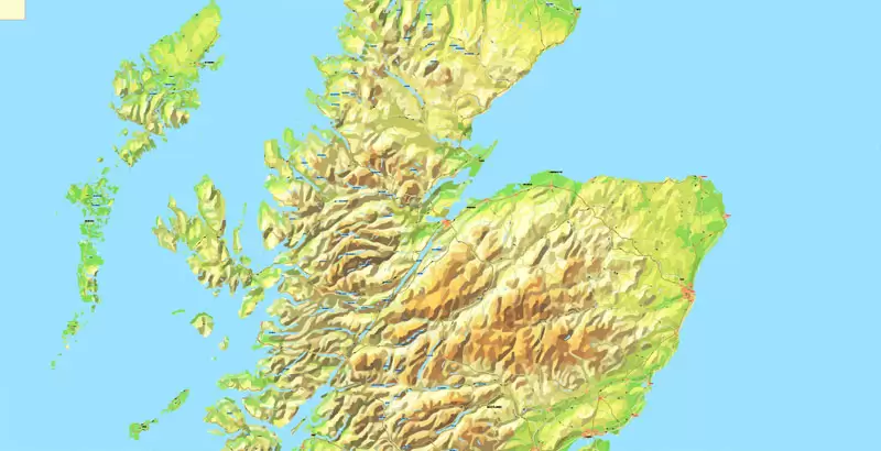 Printable Map UK + Full Ireland, exact vector relief road map, full editable, Layered Adobe Illustrator