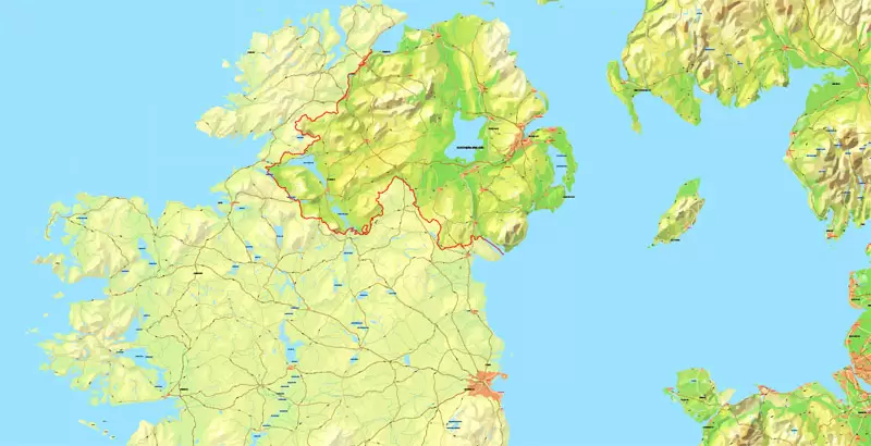 UK Great Britain + Full Ireland Printable Map 01 exact vector relief road map, full editable, Layered Adobe Illustrator