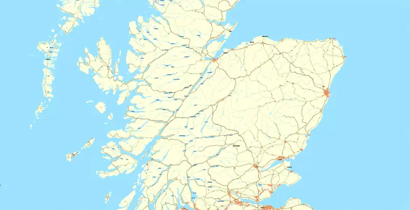 Printable Map UK + Full Ireland, exact vector relief road map, full editable, Layered Adobe Illustrator