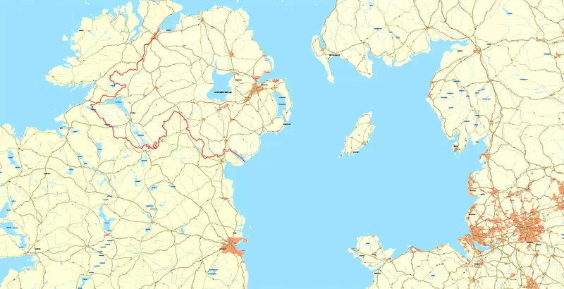 Printable Map UK + Full Ireland, exact vector relief road map, full editable, Layered Adobe Illustrator
