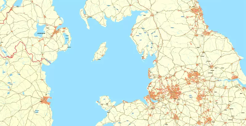 Printable Map UK + Full Ireland, exact vector relief road map, full editable, Layered Adobe Illustrator