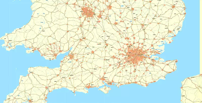 Printable Map UK + Full Ireland, exact vector relief road map, full editable, Layered Adobe Illustrator