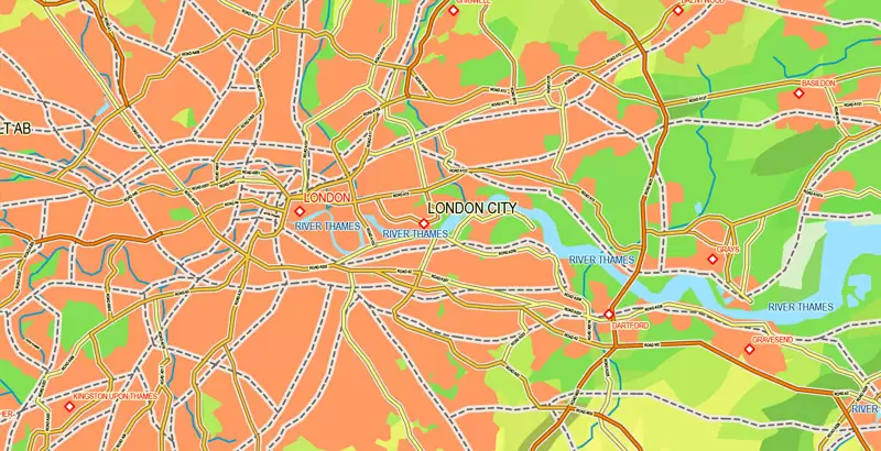Printable Map UK + Full Ireland, exact vector relief road map, full editable, Layered Adobe Illustrator
