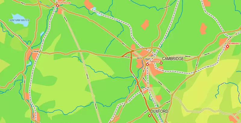 Printable Map UK + Full Ireland, exact vector relief road map, full editable, Layered Adobe Illustrator