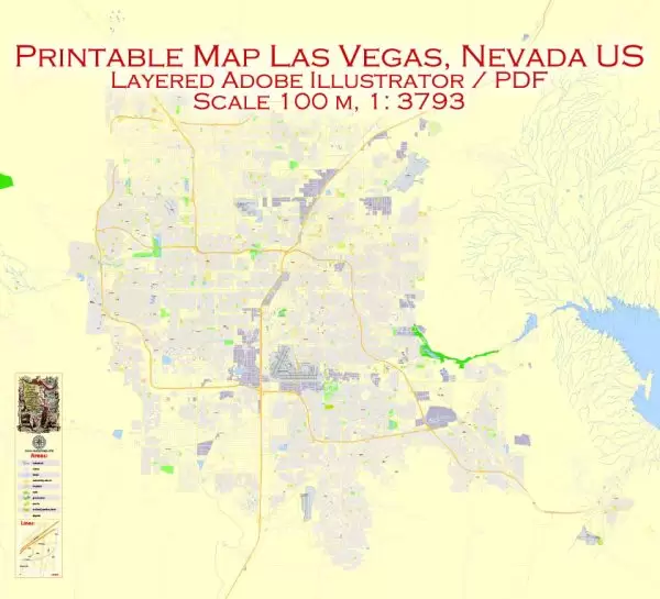 Printable Vector Map Las Vegas, Nevada US, exact vector Map street G-View City Plan Level 17 (100 meters scale) full editable, Adobe Illustrator