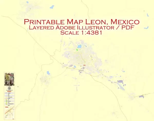 Printable Map Leon, Mexico exact vector Map street G-View City Plan Level 17 (100 meters scale) full editable, Adobe Illustrator