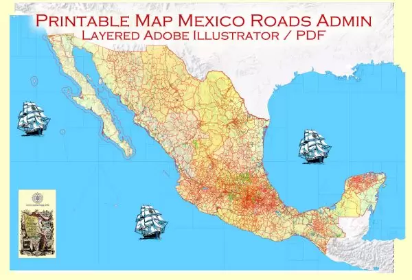 Printable Relief Map Full Mexico exact vector Topo Roads Admin Ports Airports, full editable, Adobe Illustrator