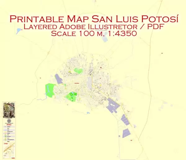 Printable Map San Luis Potosi, Mexico exact vector Map street G-View City Plan Level 17 (100 meters scale) full editable, Adobe Illustrator