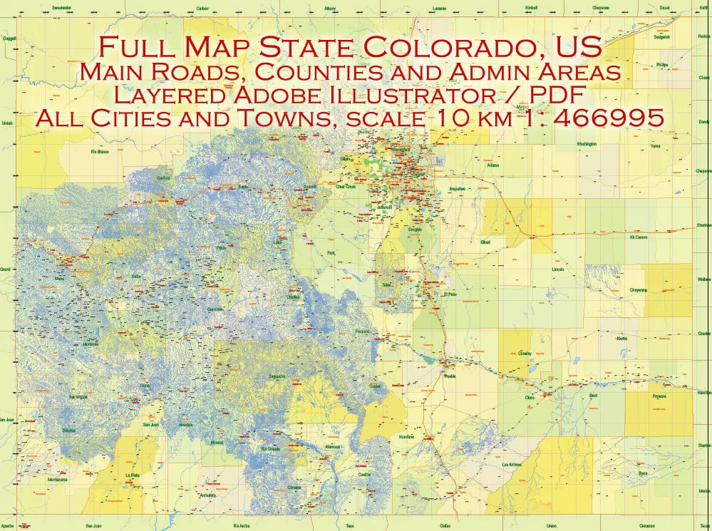 Printable Vector Map Full State of Colorado US, MAIN ROADS, detailed, exact vector Map 10 km scale full editable, Adobe Illustrator