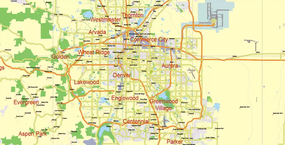 Printable Vector Map Full State of Colorado US, MAIN ROADS, detailed, exact vector Map 10 km scale full editable, Adobe Illustrator
