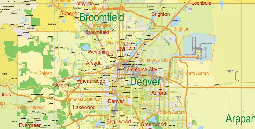 Printable Vector Map Full State of Colorado US, MAIN ROADS, detailed, exact vector Map 10 km scale full editable, Adobe Illustrator