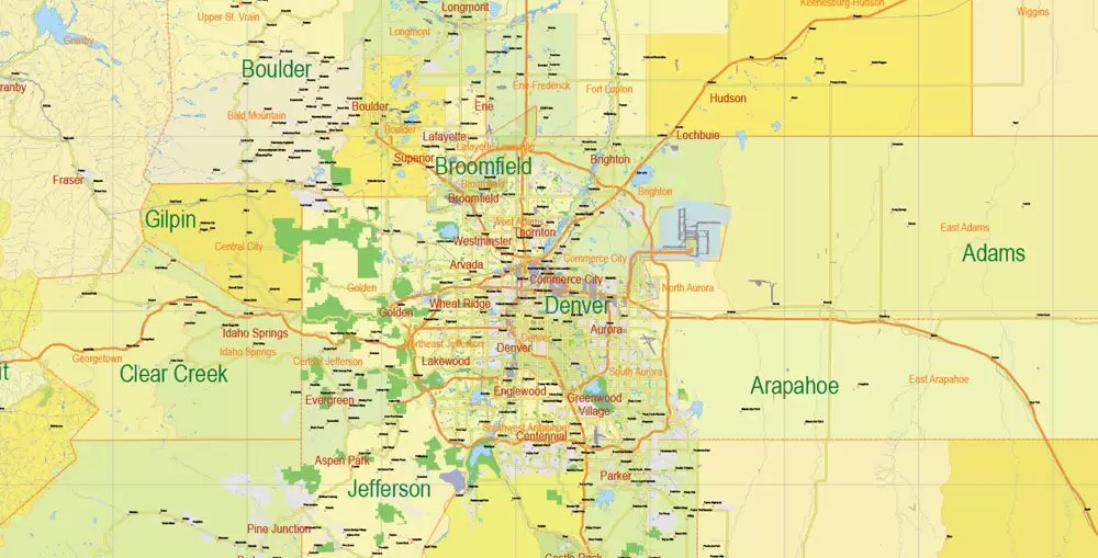 Printable Vector Map Full State of Colorado US, MAIN ROADS, detailed, exact vector Map 10 km scale full editable, Adobe Illustrator