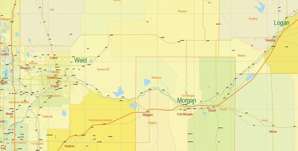 Printable Vector Map Full State of Colorado US, MAIN ROADS, detailed, exact vector Map 10 km scale full editable, Adobe Illustrator