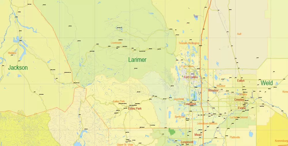 Printable Vector Map Full State of Colorado US, MAIN ROADS, detailed, exact vector Map 10 km scale full editable, Adobe Illustrator