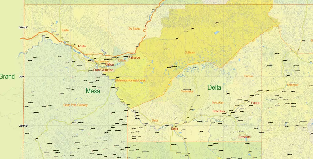 Printable Vector Map Full State of Colorado US, MAIN ROADS, detailed, exact vector Map 10 km scale full editable, Adobe Illustrator