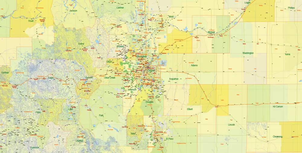 Printable Vector Map Full State of Colorado US, MAIN ROADS, detailed, exact vector Map 10 km scale full editable, Adobe Illustrator