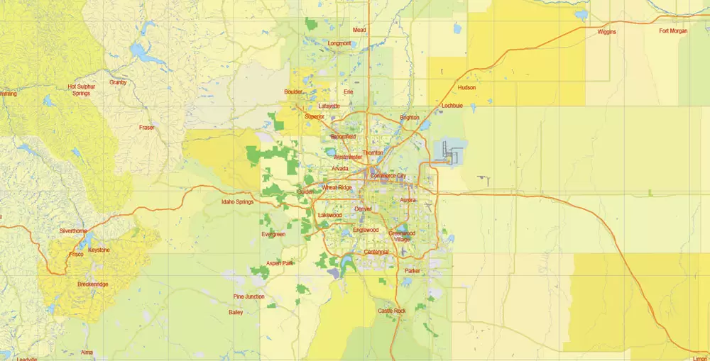 Printable Vector Map Full State of Colorado US, MAIN ROADS, detailed, exact vector Map 10 km scale full editable, Adobe Illustrator
