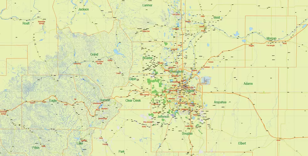 Printable Vector Map Full State of Colorado US, MAIN ROADS, detailed, exact vector Map 10 km scale full editable, Adobe Illustrator