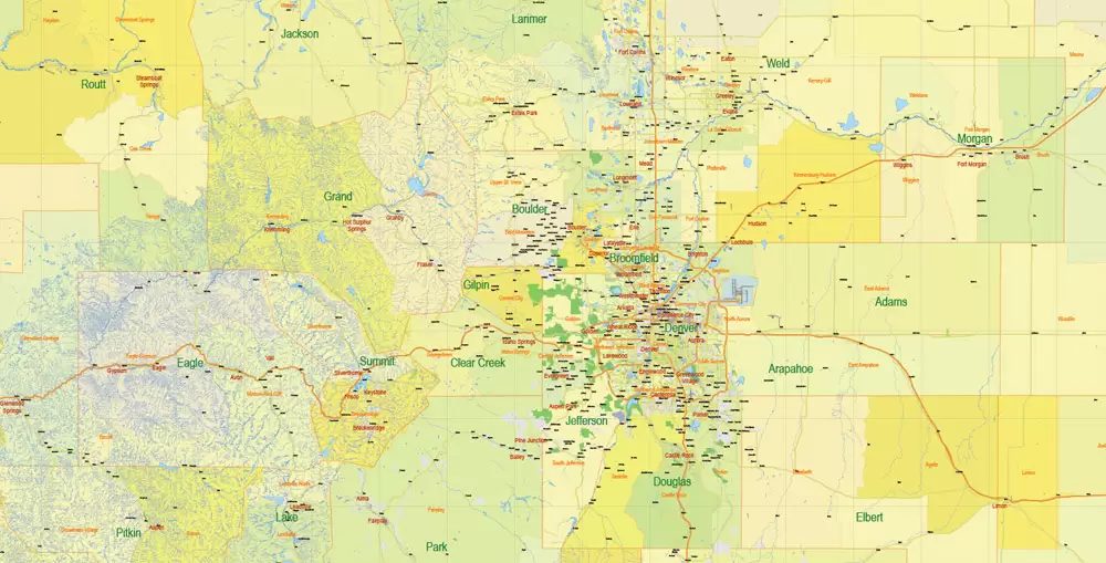Printable Vector Map Full State of Colorado US, MAIN ROADS, detailed, exact vector Map 10 km scale full editable, Adobe Illustrator