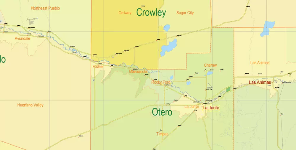 Printable Vector Map Full State of Colorado US, MAIN ROADS, detailed, exact vector Map 10 km scale full editable, Adobe Illustrator