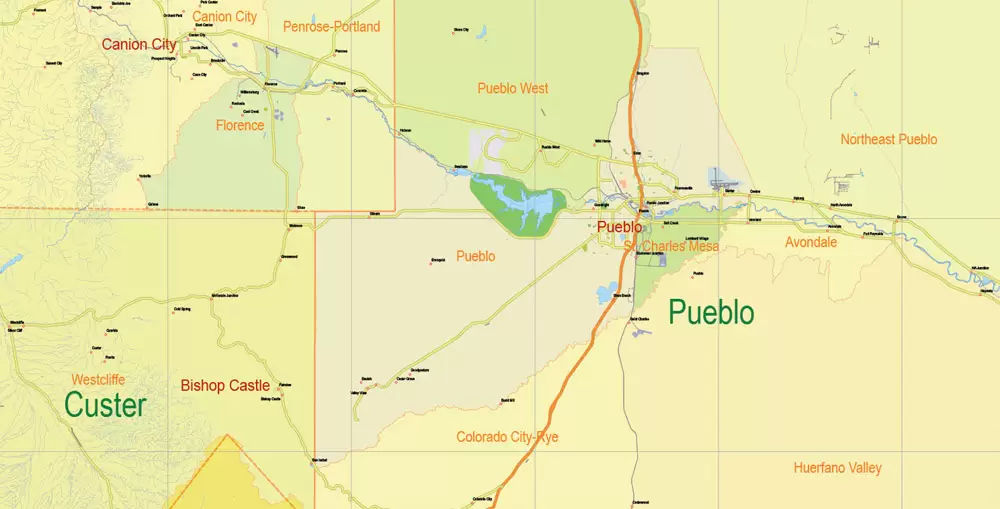 Printable Vector Map Full State of Colorado US, MAIN ROADS, detailed, exact vector Map 10 km scale full editable, Adobe Illustrator