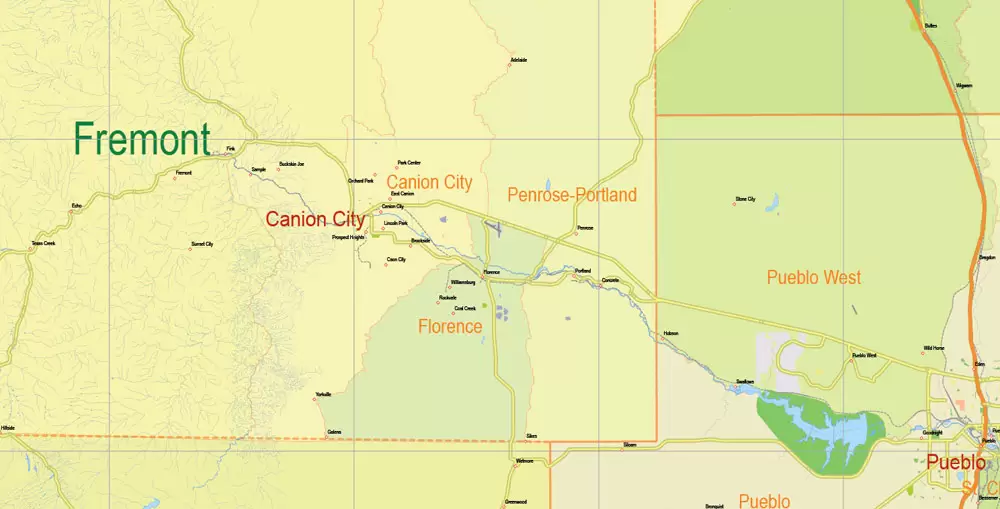 Printable Vector Map Full State of Colorado US, MAIN ROADS, detailed, exact vector Map 10 km scale full editable, Adobe Illustrator
