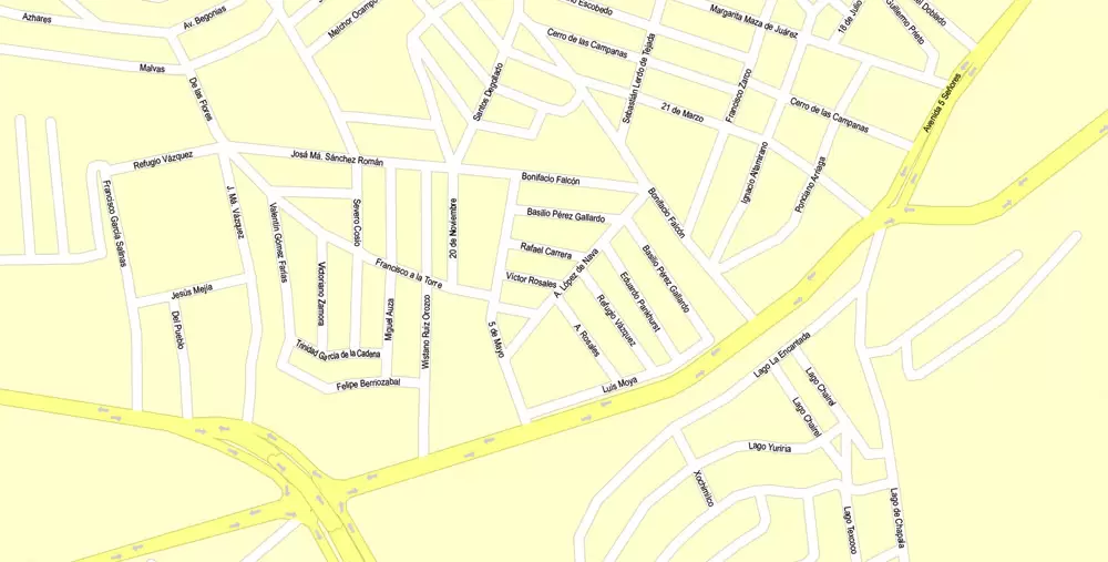 Printable Map Zacatecas, Mexico exact vector Map street G-View City Plan Level 17 (100 meters scale) full editable, Adobe Illustrator