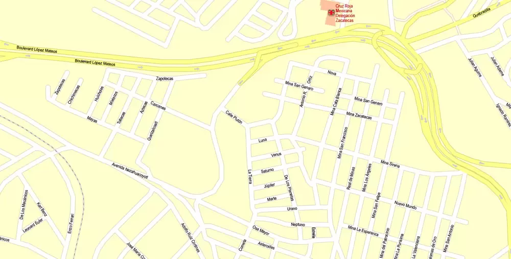 Printable Map Zacatecas, Mexico exact vector Map street G-View City Plan Level 17 (100 meters scale) full editable, Adobe Illustrator