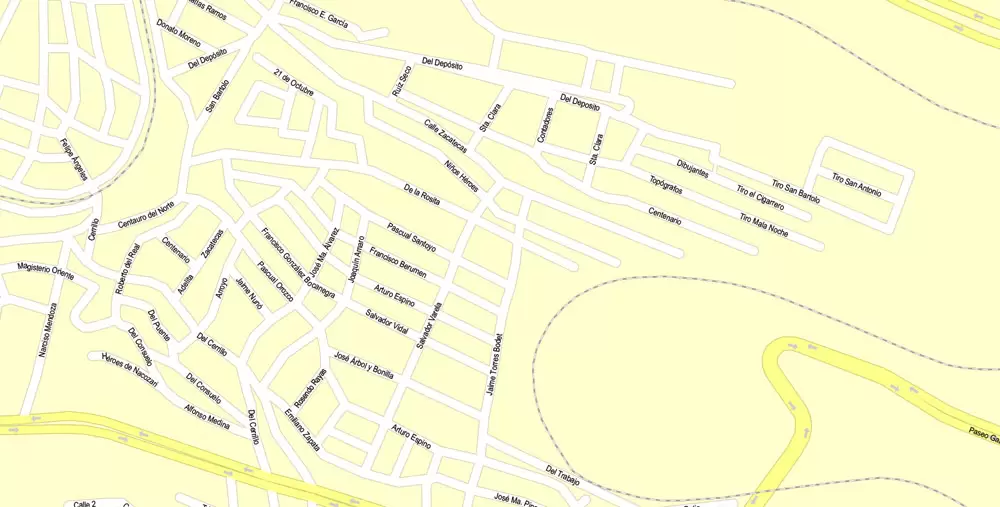Printable Map Zacatecas, Mexico exact vector Map street G-View City Plan Level 17 (100 meters scale) full editable, Adobe Illustrator
