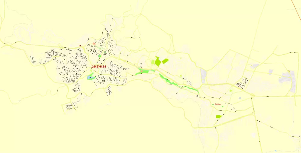 Zacatecas Printable Map, Mexico exact vector Map street G-View City Plan Level 17 (100 meters scale) full editable, Adobe Illustrator