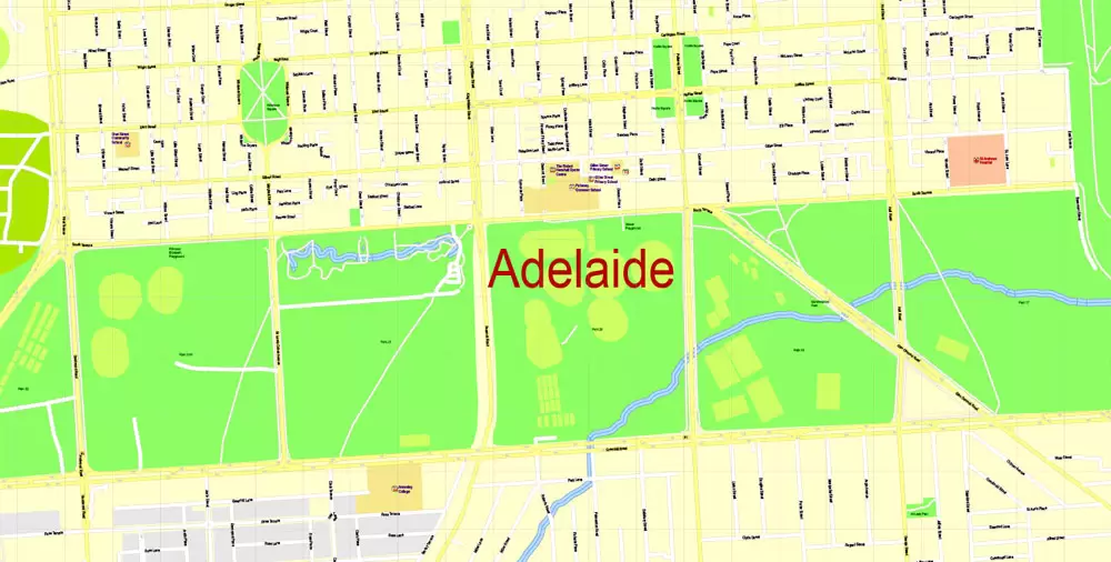 Adelaide Metro Area, Australia, Printable vector street map, fully editable, Adobe Illustrator, 100 meters scale, full vector, scalable, editable, text format of street names, 26 Mb ZIP.