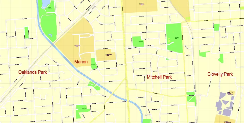 Adelaide Metro Area, Australia, Printable vector street map, fully editable, Adobe Illustrator, 100 meters scale, full vector, scalable, editable, text format of street names, 26 Mb ZIP.