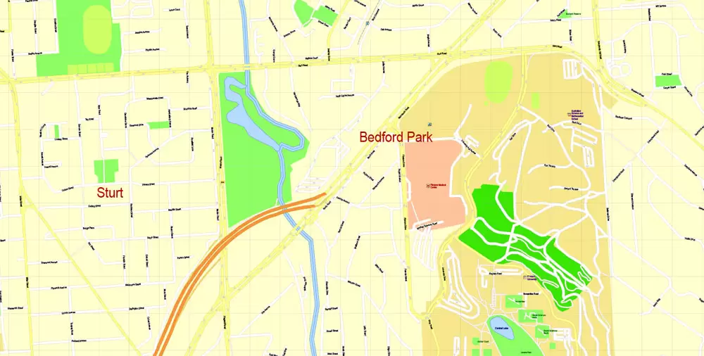 Adelaide Metro Area, Australia, Printable vector street map, fully editable, Adobe Illustrator, 100 meters scale, full vector, scalable, editable, text format of street names, 26 Mb ZIP.