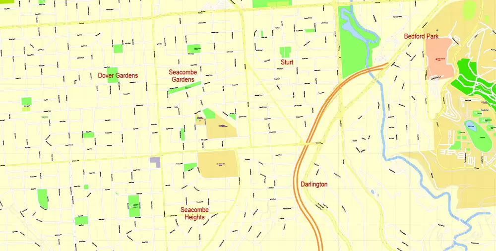 Adelaide Metro Area, Australia, Printable vector street map, fully editable, Adobe Illustrator, 100 meters scale, full vector, scalable, editable, text format of street names, 26 Mb ZIP.