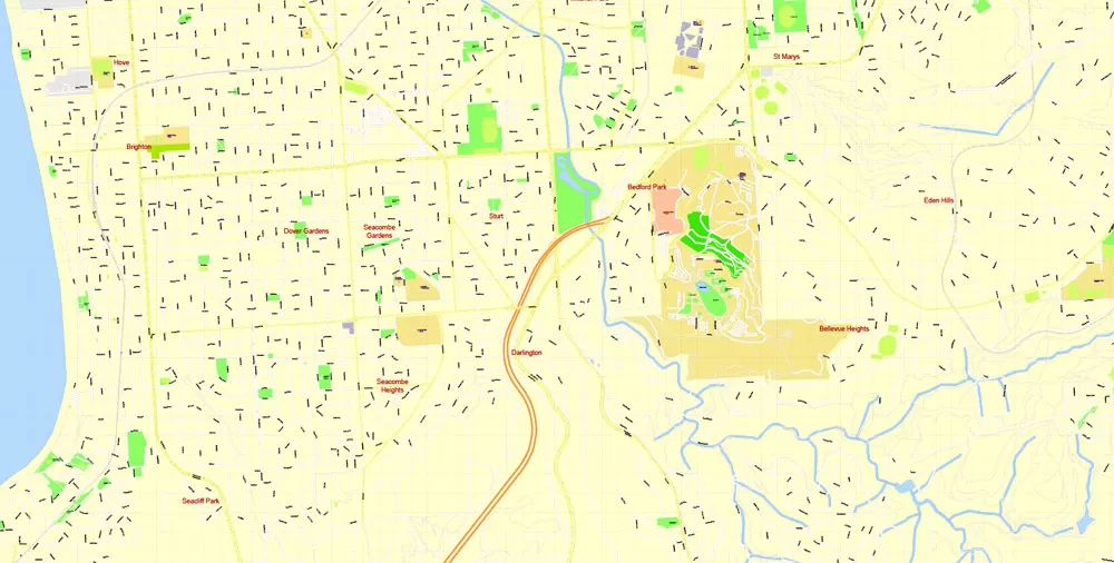 Adelaide Metro Area, Australia, Printable vector street map, fully editable, Adobe Illustrator, 100 meters scale, full vector, scalable, editable, text format of street names, 26 Mb ZIP.