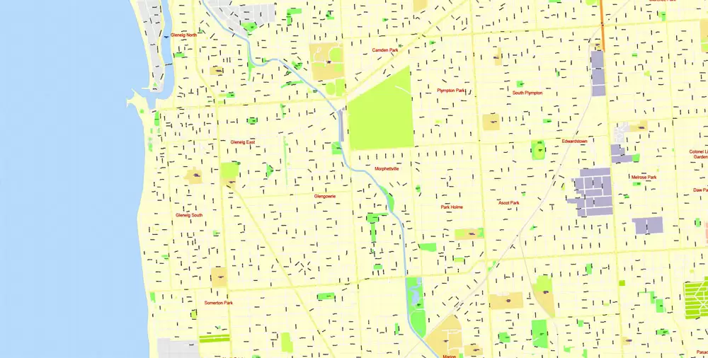 Adelaide Metro Area, Australia, Printable vector street map, fully editable, Adobe Illustrator, 100 meters scale, full vector, scalable, editable, text format of street names, 26 Mb ZIP.