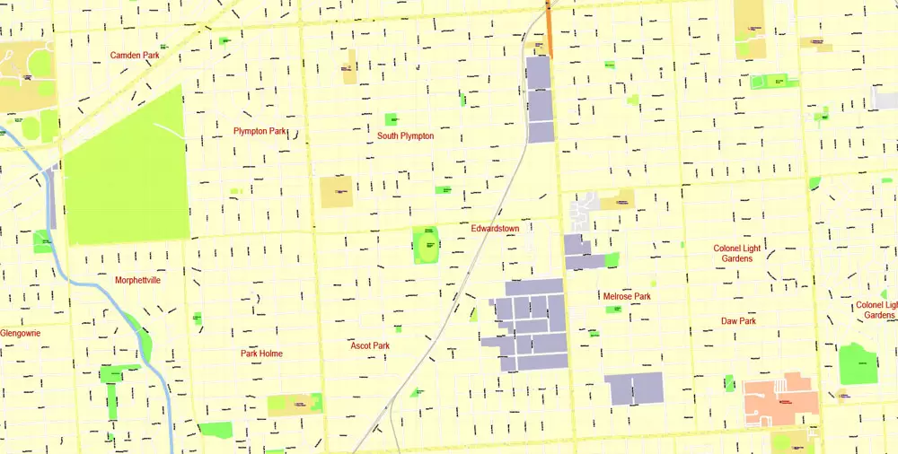 Adelaide Metro Area, Australia, Printable vector street map, fully editable, Adobe Illustrator, 100 meters scale, full vector, scalable, editable, text format of street names, 26 Mb ZIP.