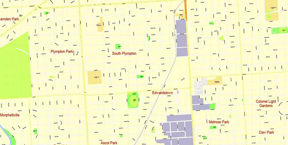 Adelaide Metro Area, Australia, Printable vector street map, fully editable, Adobe Illustrator, 100 meters scale, full vector, scalable, editable, text format of street names, 26 Mb ZIP.