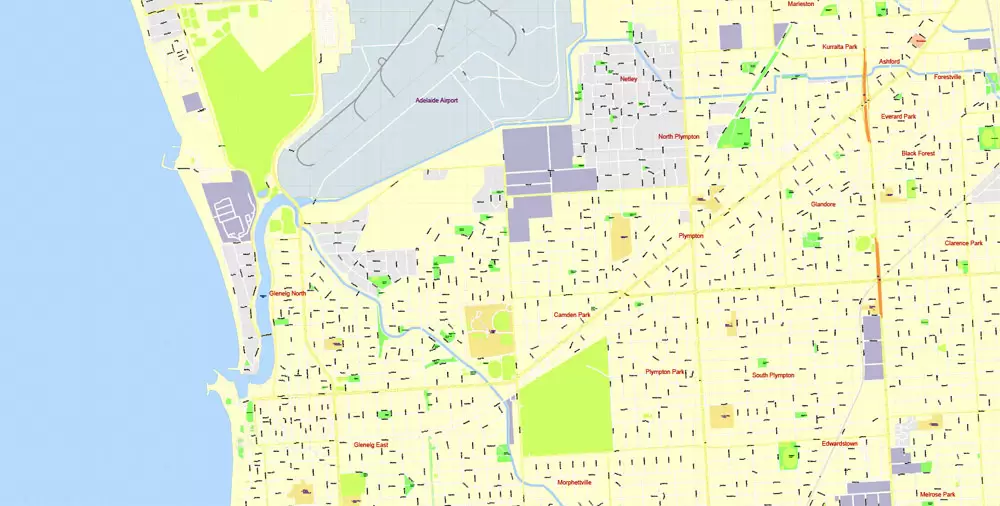 Adelaide Metro Area, Australia, Printable vector street map, fully editable, Adobe Illustrator, 100 meters scale, full vector, scalable, editable, text format of street names, 26 Mb ZIP.