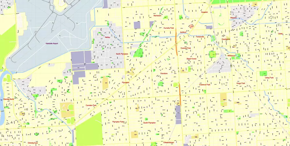Adelaide Metro Area, Australia, Printable vector street map, fully editable, Adobe Illustrator, 100 meters scale, full vector, scalable, editable, text format of street names, 26 Mb ZIP.