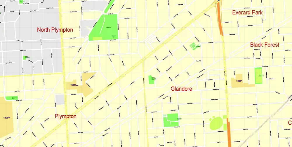 Adelaide Metro Area, Australia, Printable vector street map, fully editable, Adobe Illustrator, 100 meters scale, full vector, scalable, editable, text format of street names, 26 Mb ZIP.
