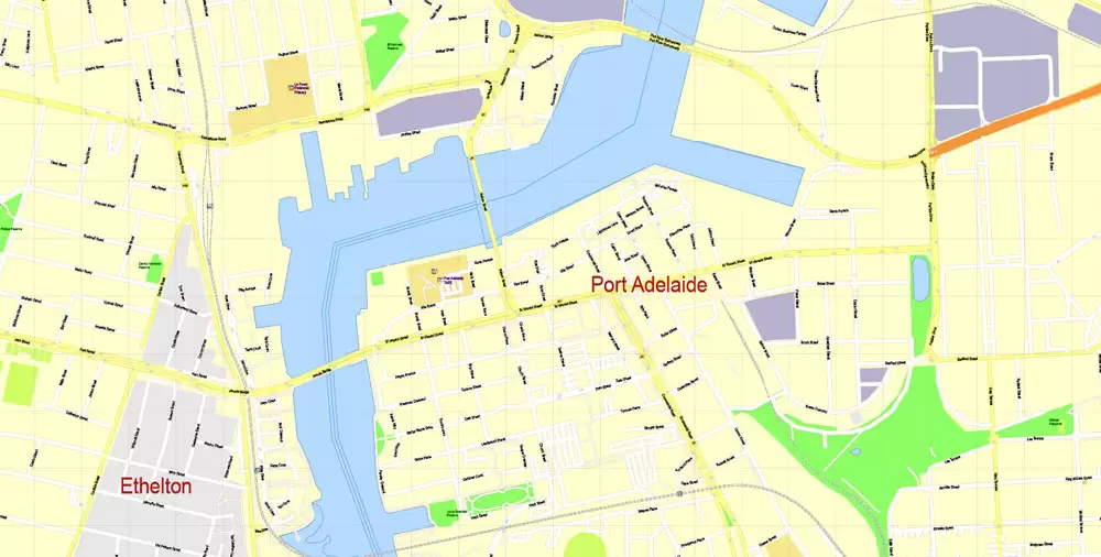 Adelaide Metro Area, Australia, Printable vector street map, fully editable, Adobe Illustrator, 100 meters scale, full vector, scalable, editable, text format of street names, 26 Mb ZIP.