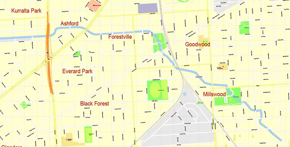 Adelaide Metro Area, Australia, Printable vector street map, fully editable, Adobe Illustrator, 100 meters scale, full vector, scalable, editable, text format of street names, 26 Mb ZIP.