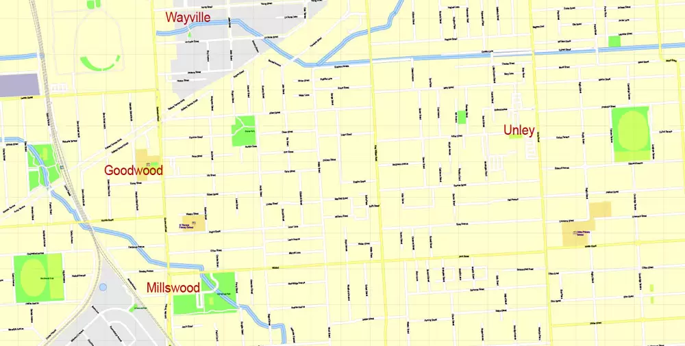 Adelaide Metro Area, Australia, Printable vector street map, fully editable, Adobe Illustrator, 100 meters scale, full vector, scalable, editable, text format of street names, 26 Mb ZIP.