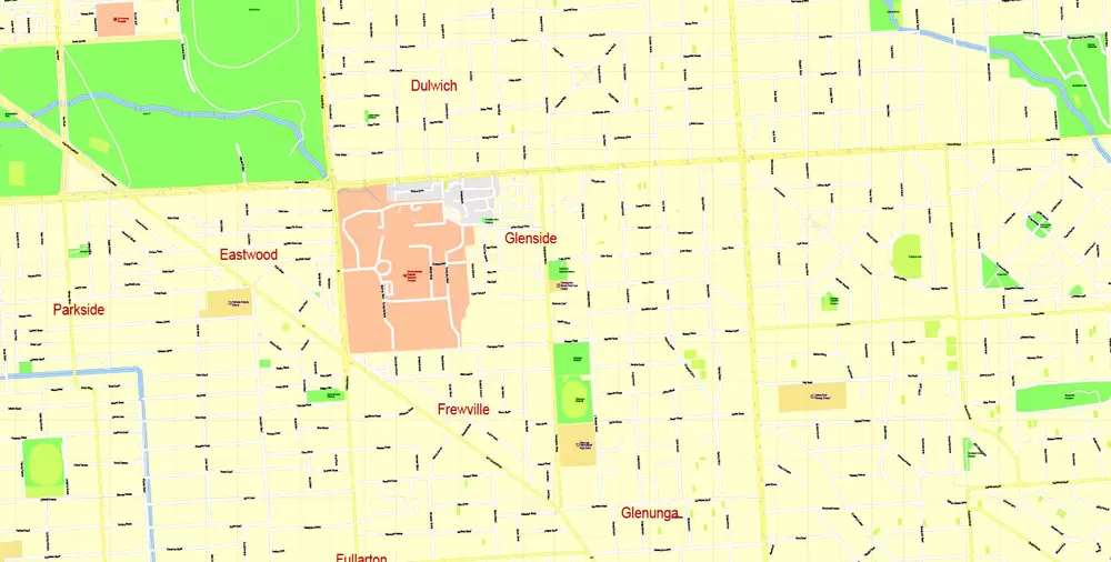 Adelaide Metro Area, Australia, Printable vector street map, fully editable, Adobe Illustrator, 100 meters scale, full vector, scalable, editable, text format of street names, 26 Mb ZIP.